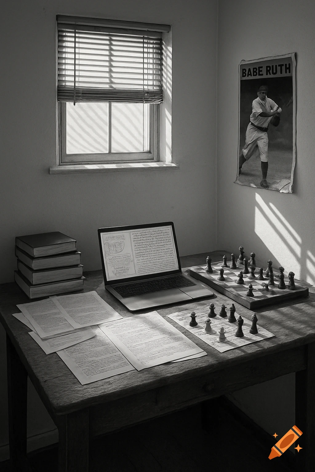 A grayscale photo of a cluttered desk in a sunlit room with a laptop, chessboard, books, papers, and a Babe Ruth poster.