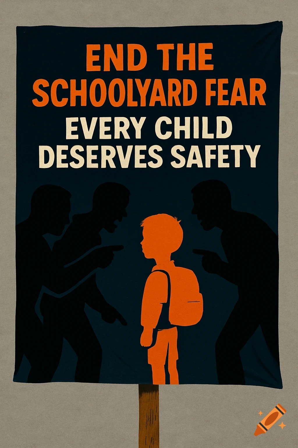 Stylized protest poster featuring silhouettes of adults pointing at a child, with bold text "END THE SCHOOLYARD FEAR EVERY CHILD DESERVES SAFETY".