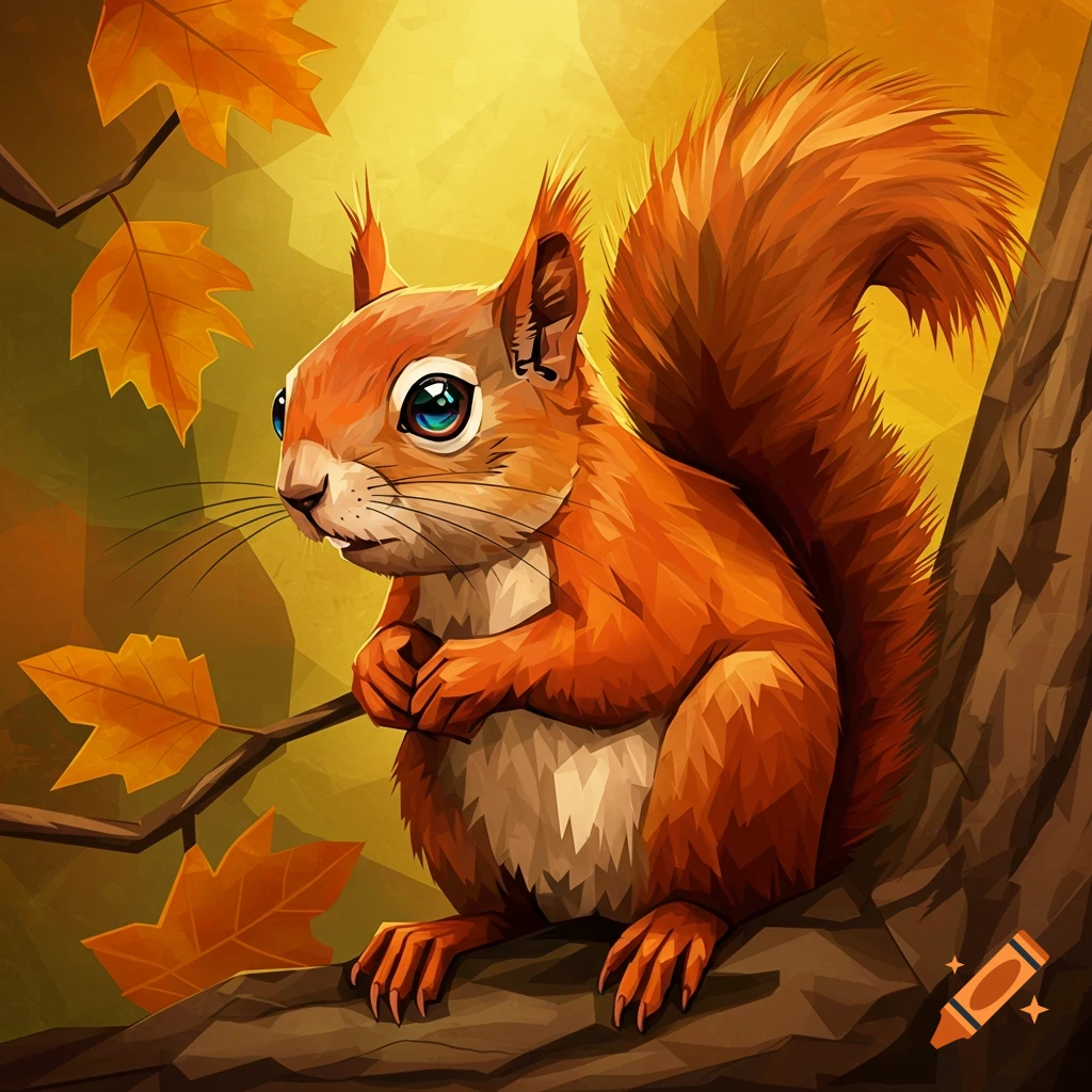 A stylized red squirrel with large blue eyes sits on an autumn tree branch with orange leaves.