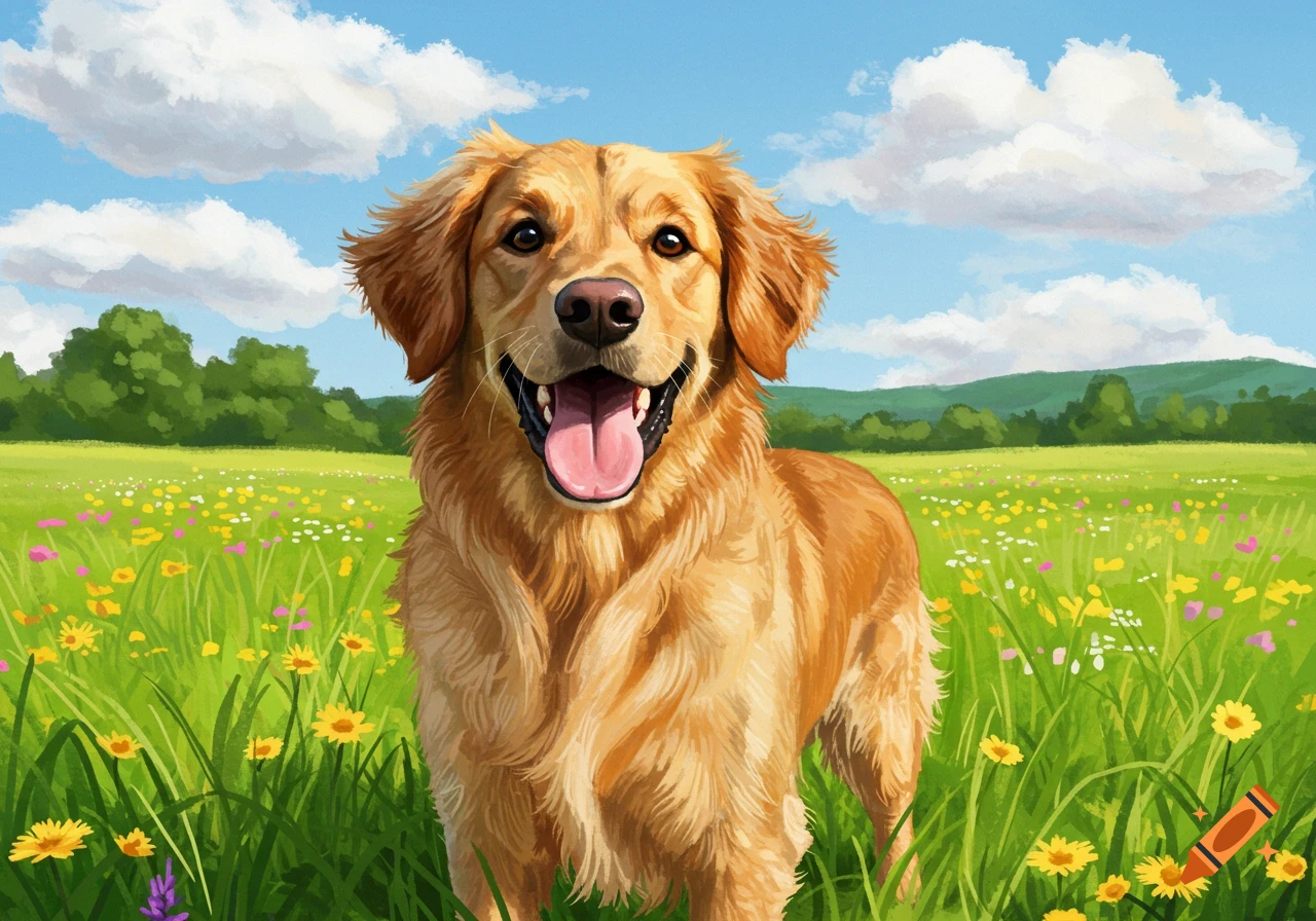 A happy golden retriever dog with its tongue out stands in a green field of wildflowers under a blue sky, in an illustrative style.