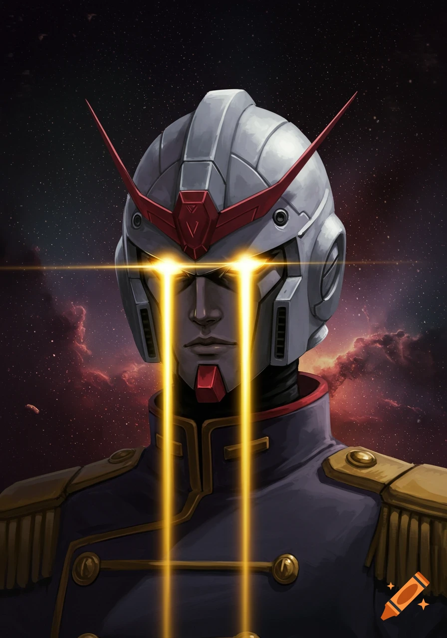 A detailed portrait of Char Aznable from Zeon wearing his iconic helmet, with glowing yellow beams of light shining from his eyes. He wears a dark uniform against a cosmic background.