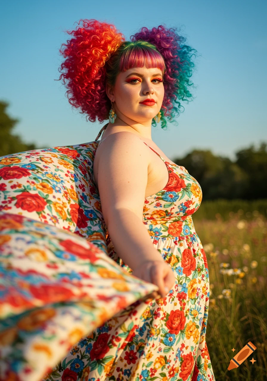 A photorealistic portrait of a woman with rainbow afro buns and bangs, wearing a colorful floral dress in a sunny field.