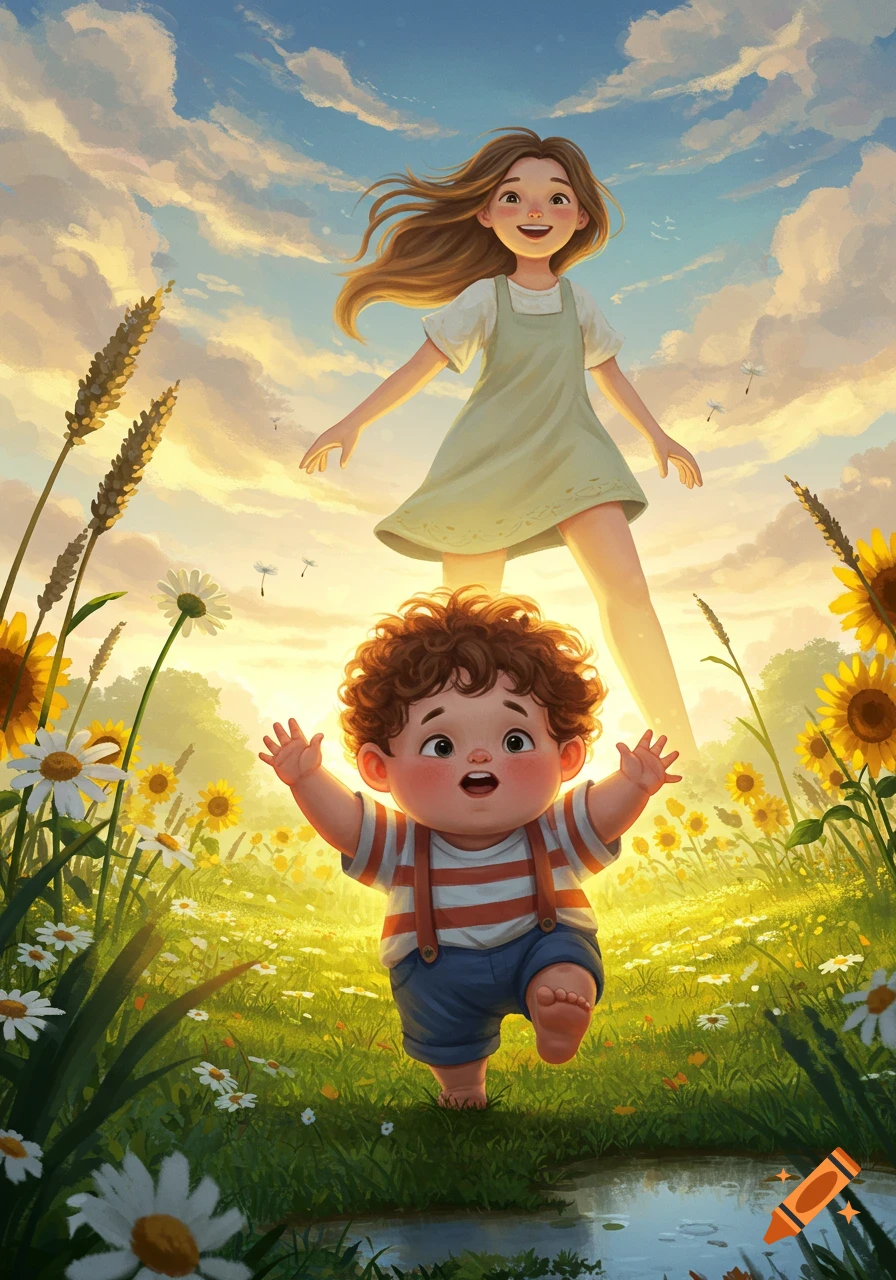 A whimsical illustration of a chubby little boy running in a sunny field of flowers, with a giant girl floating above him in a blue sky.