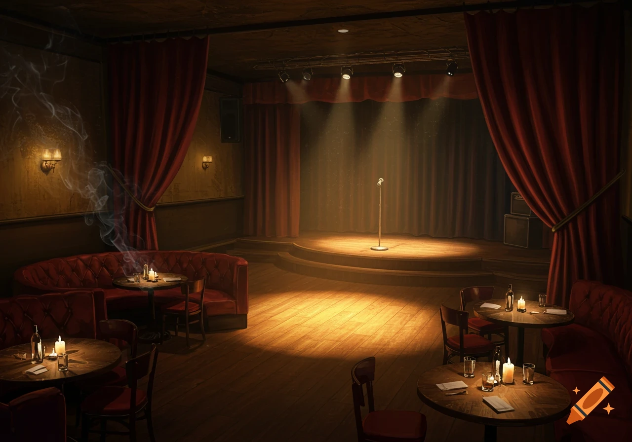 An empty, dimly lit jazz club with a spotlight on a microphone on stage, surrounded by red velvet seating and small tables with candles and bottles, with smoke curling in the air.