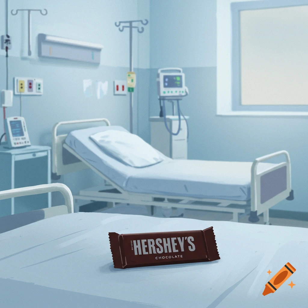 A simple drawing of a Hershey's chocolate bar on a hospital bed in a bright hospital room.