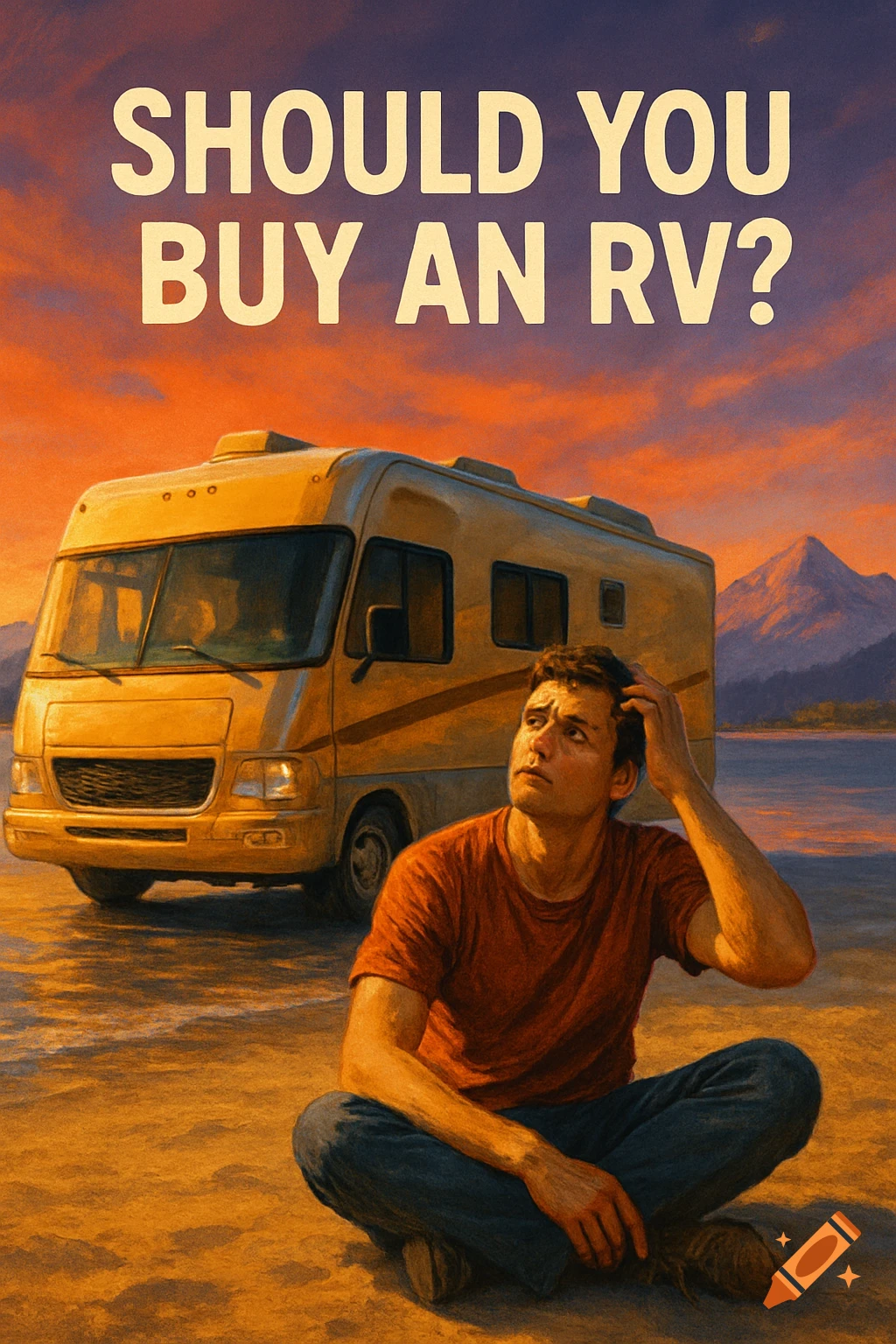 Illustrated image of a man looking stressed, sitting in front of an RV at sunset, with mountains in the distance. Text: 'SHOULD YOU BUY AN RV?'