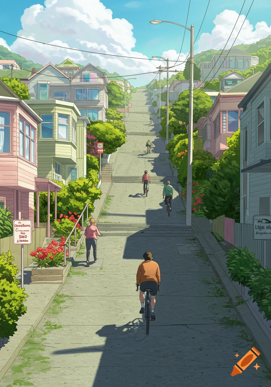 Anime-style illustration of a very steep street lined with colorful houses and greenery, with people walking and cycling up the incline.