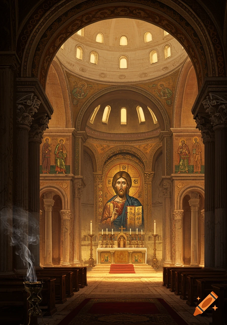Interior view of a grand church with Byzantine architecture and mosaics, featuring a large icon of Jesus Christ holding a book above an altar.