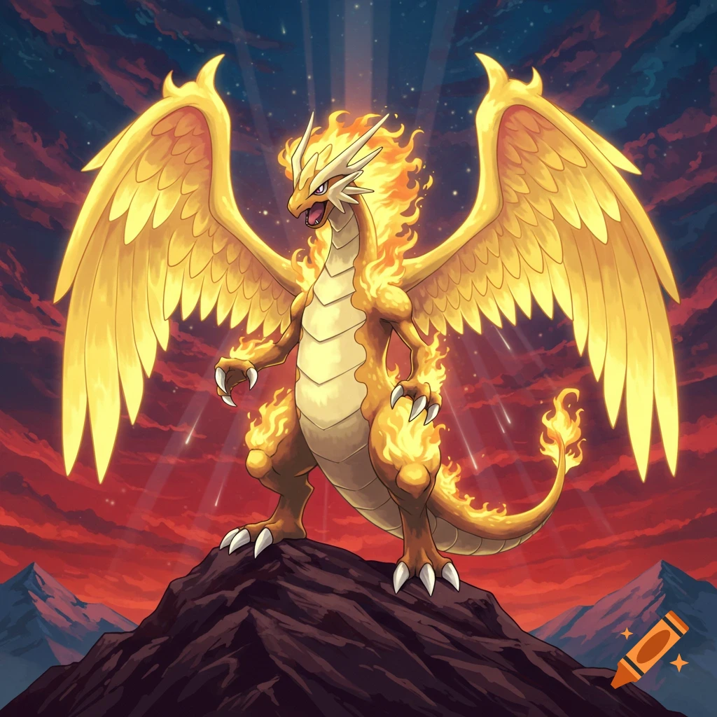 A golden-orange, fire-infused dragon with large wings stands majestically on a mountain peak against a dramatic red and orange sky with light rays.