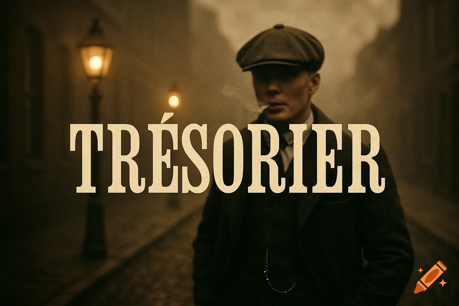 Sepia-toned portrait of a man in a flat cap and coat, smoking a cigarette on a foggy street, with the word 'TRÉSORIER' prominently displayed.