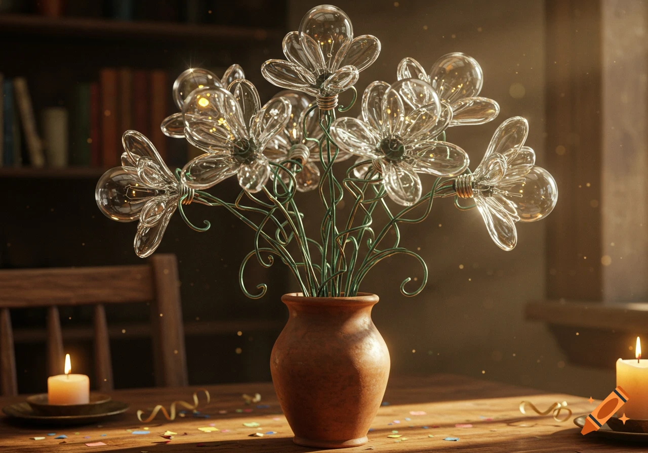 A festive bouquet made of glass lightbulb flowers in a clay vase, surrounded by lit candles and confetti on a wooden table, photorealistic style.