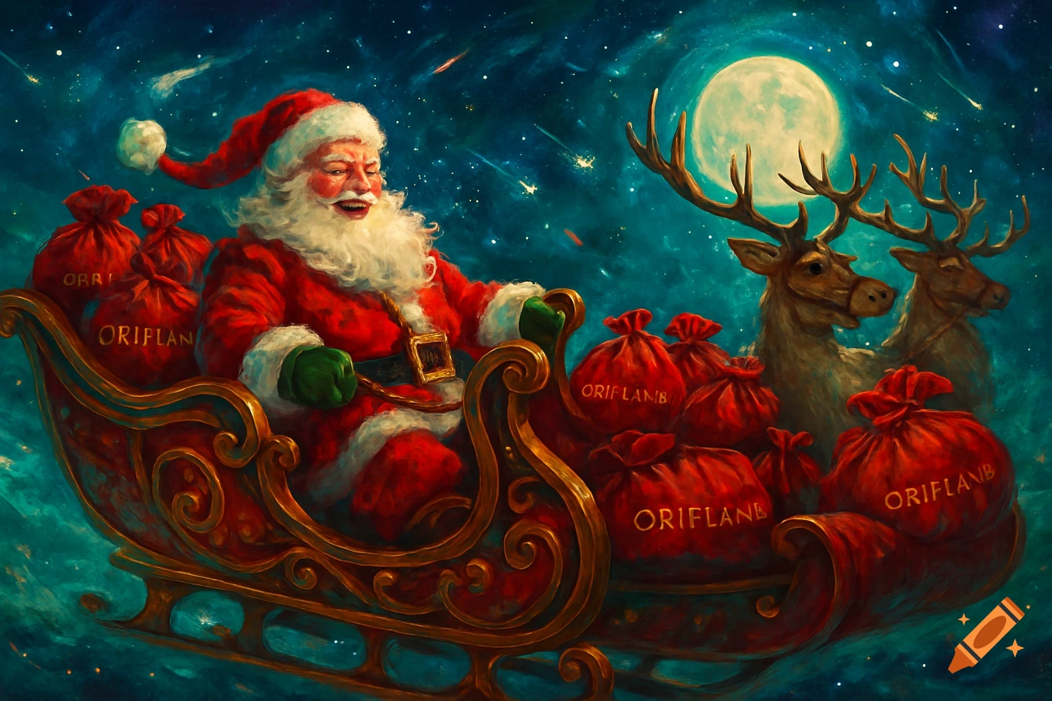 Painting of Santa in a sleigh with red 'Oriflame' bags, pulled by two reindeers across a starry night sky with a full moon.