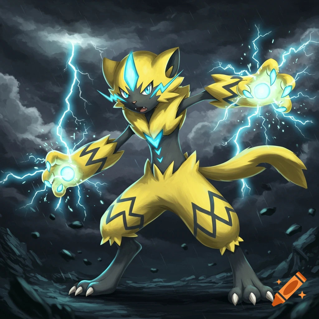 An illustration of Zeraora, a yellow and black cat-like Pokémon, conjuring lightning in a stormy landscape.
