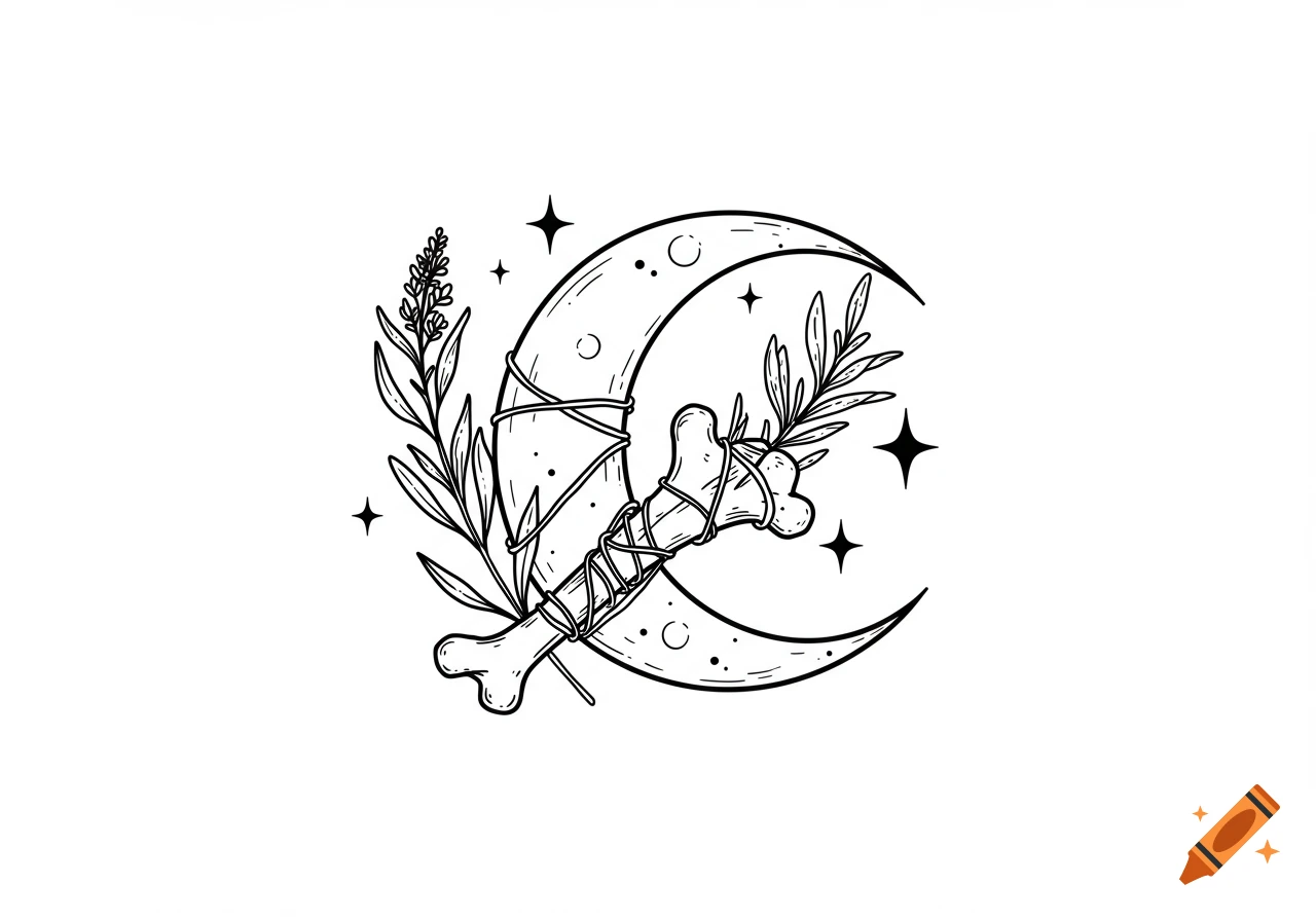 Black and white line art illustration of a crescent moon, a stylized bone wrapped in cord, and botanical sprigs, with stars.
