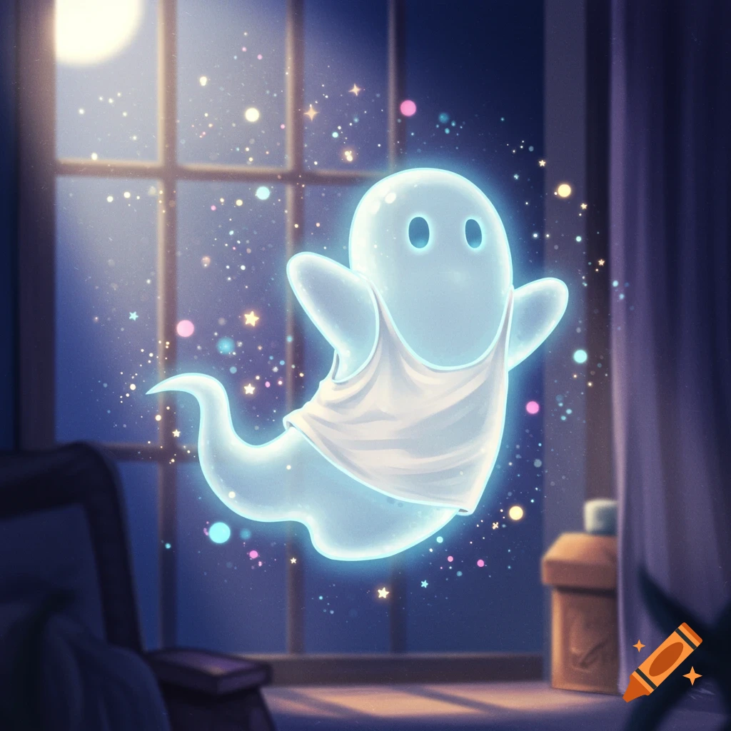 A cute, glowing blue ghost wearing a white tank top floats in a dark room with a moonlit window.
