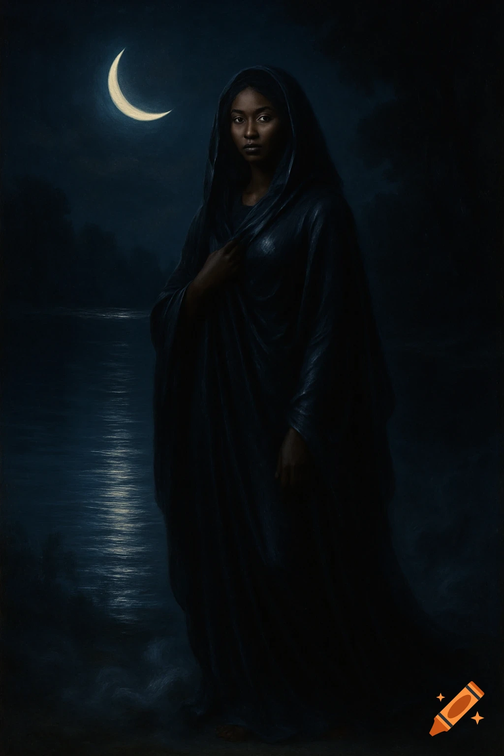 A solemn Black woman in dark robes stands by moonlit water under a crescent moon, in a dark, painterly style.
