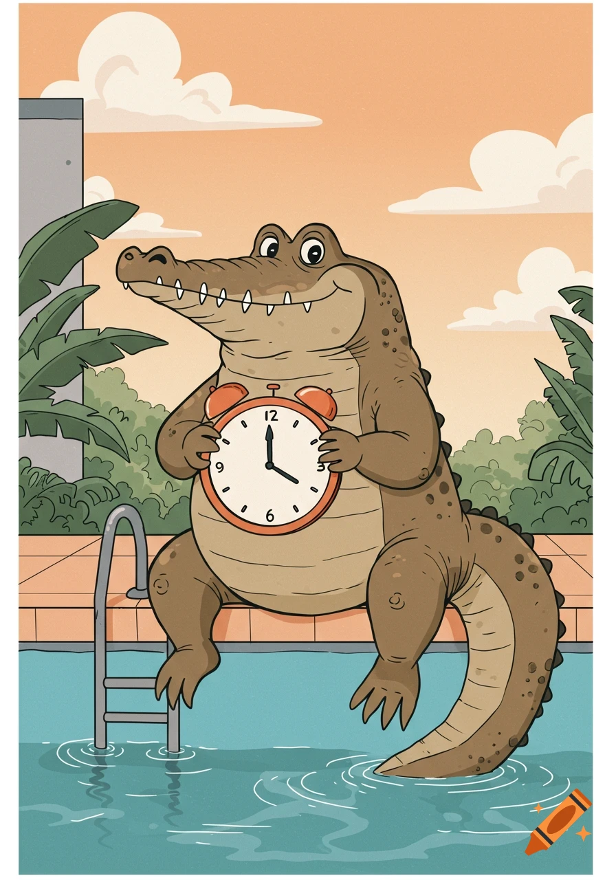 A smiling cartoon crocodile sits on the edge of a swimming pool, holding an orange alarm clock and dipping its feet in the water.