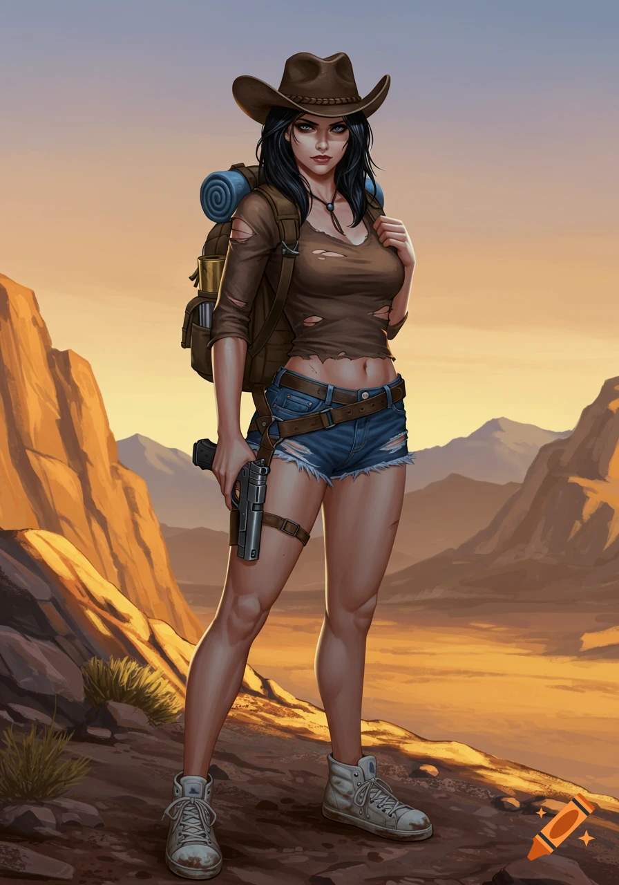 A female adventurer in a cowboy hat, torn shirt, shorts, backpack, and gun stands in a desert landscape.