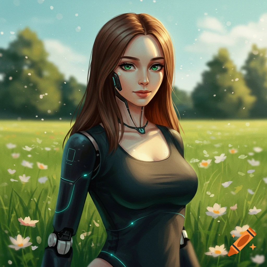 Digital art of a female cyborg with green eyes, long brown hair, and robotic limbs, standing in a sunny green field with white flowers.