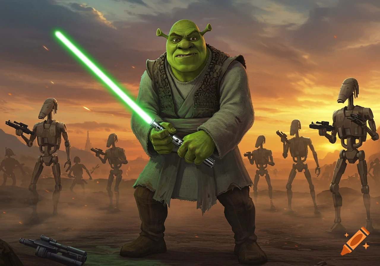 Shrek as a Jedi fighting Star Wars battle droids with a green lightsaber on a dusty battlefield at sunset.