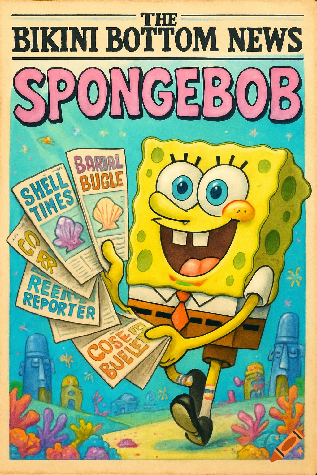 A vibrant cartoon illustration of a smiling SpongeBob SquarePants holding a fan of newspapers in Bikini Bottom.
