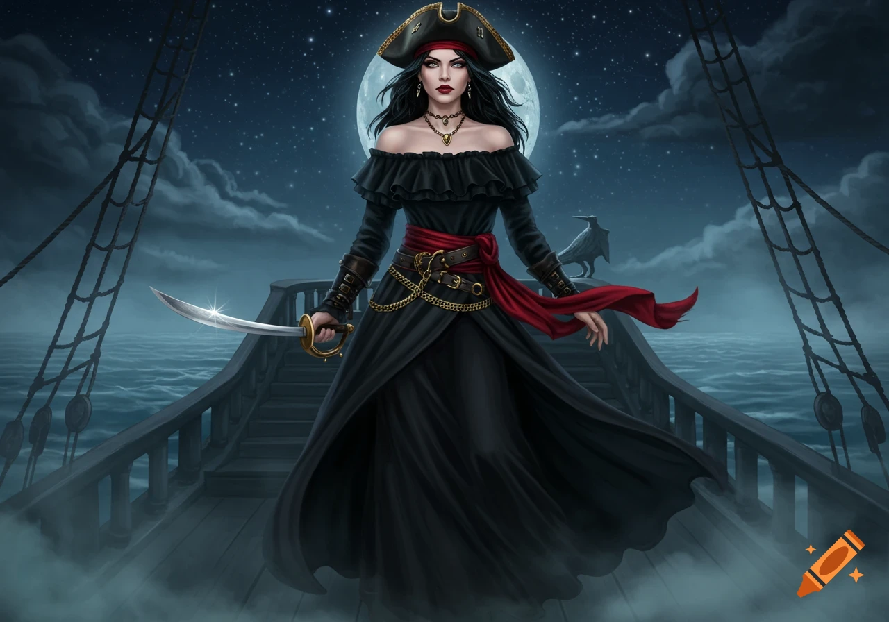 A fierce pirate girl in a black dress and hat stands on a misty ship deck under moonlight, holding a silver sword.
