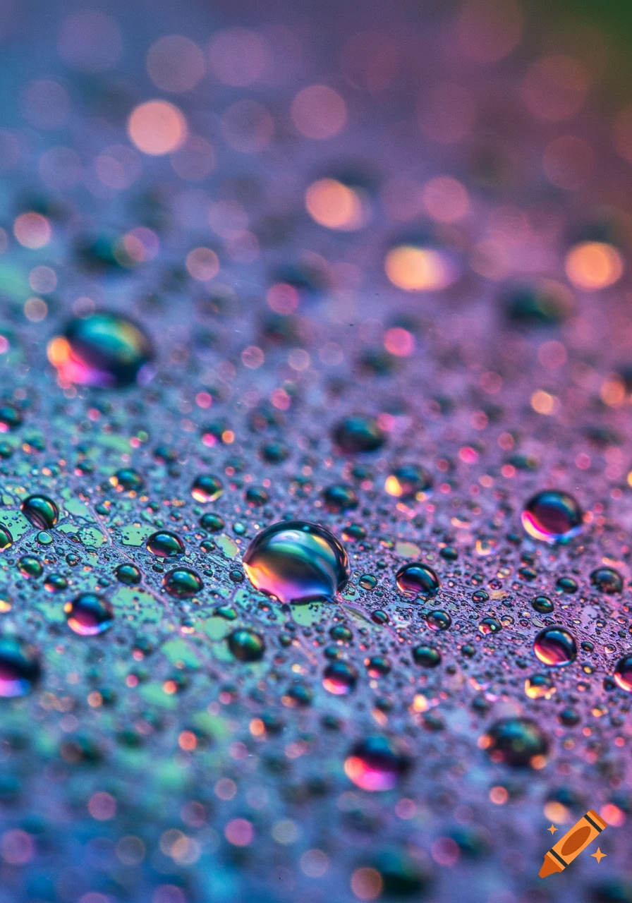 Close-up of vibrant, iridescent water droplets on a textured surface, reflecting multiple colors in a photorealistic macro shot.
