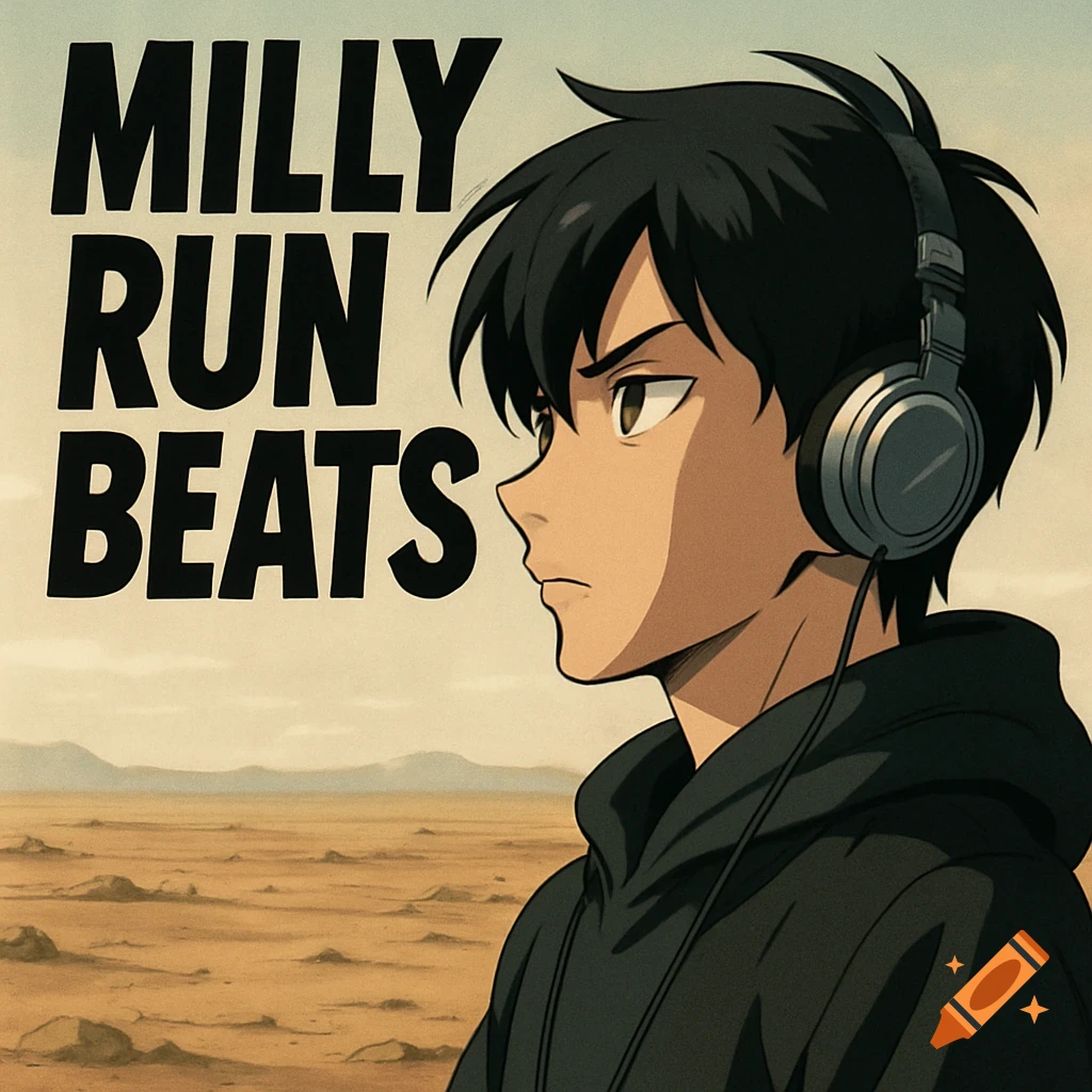 Anime boy in black hoodie and silver headphones gazes across a barren desert wasteland. Bold text 'MILLY RUN BEATS' on the left.