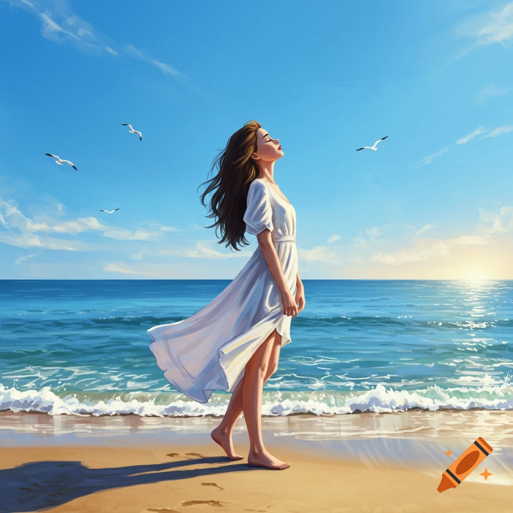 Illustrative art of a woman in a white dress on a sunny beach, looking at the clear blue sky with seagulls.