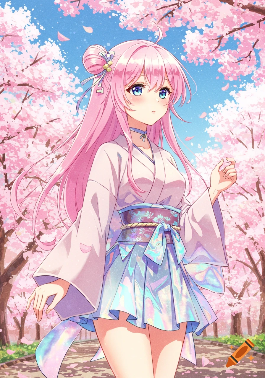Anime girl with pink hair and blue eyes, wearing a white top and holographic blue skirt, standing on a path under cherry blossom trees.