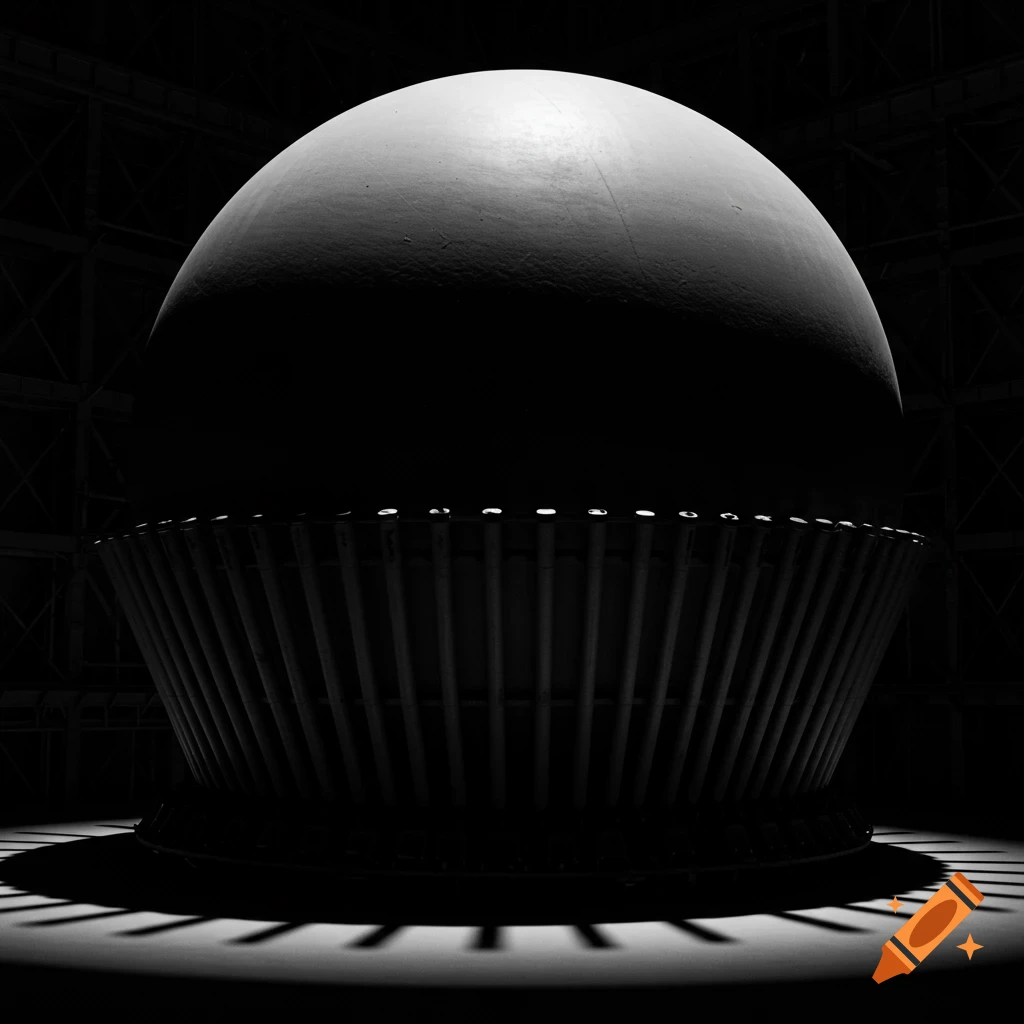 Black and white photorealistic image of a spherical structure on a base of vertical rods, casting dramatic shadows.