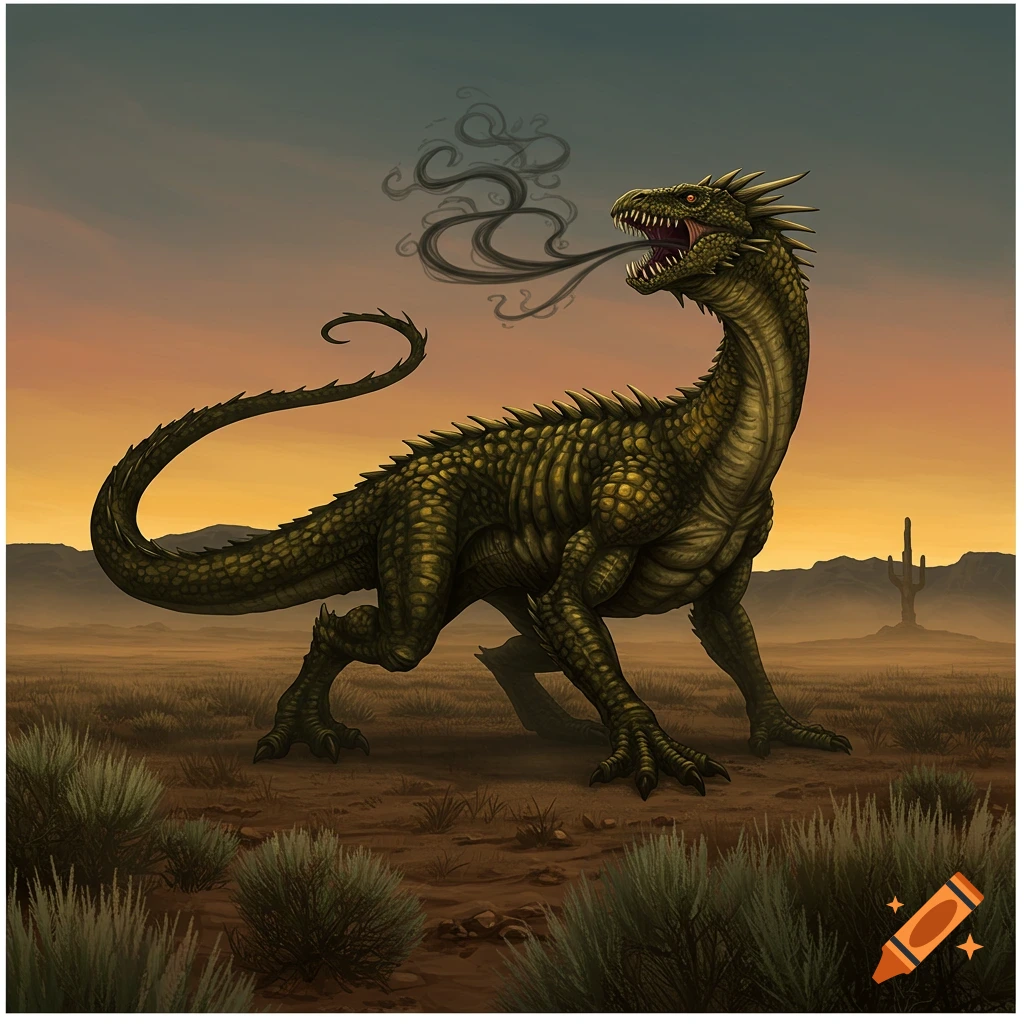 A muscular, dark green wingless drake exhales a creeping mist of shadow in a desert at sunset, fantasy illustration.