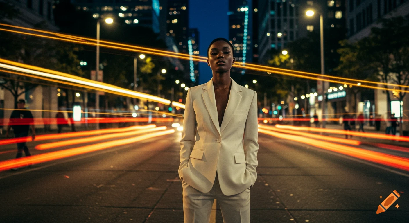 Photorealistic image of a woman in a white suit standing in a city street at night with car light trails.