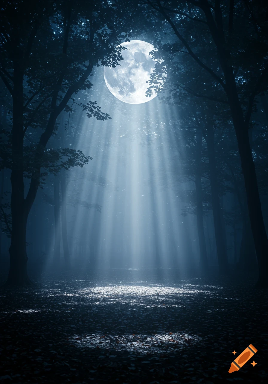 A full moon shines brightly through the dark trees of a forest at night, casting ethereal light rays onto the forest floor.