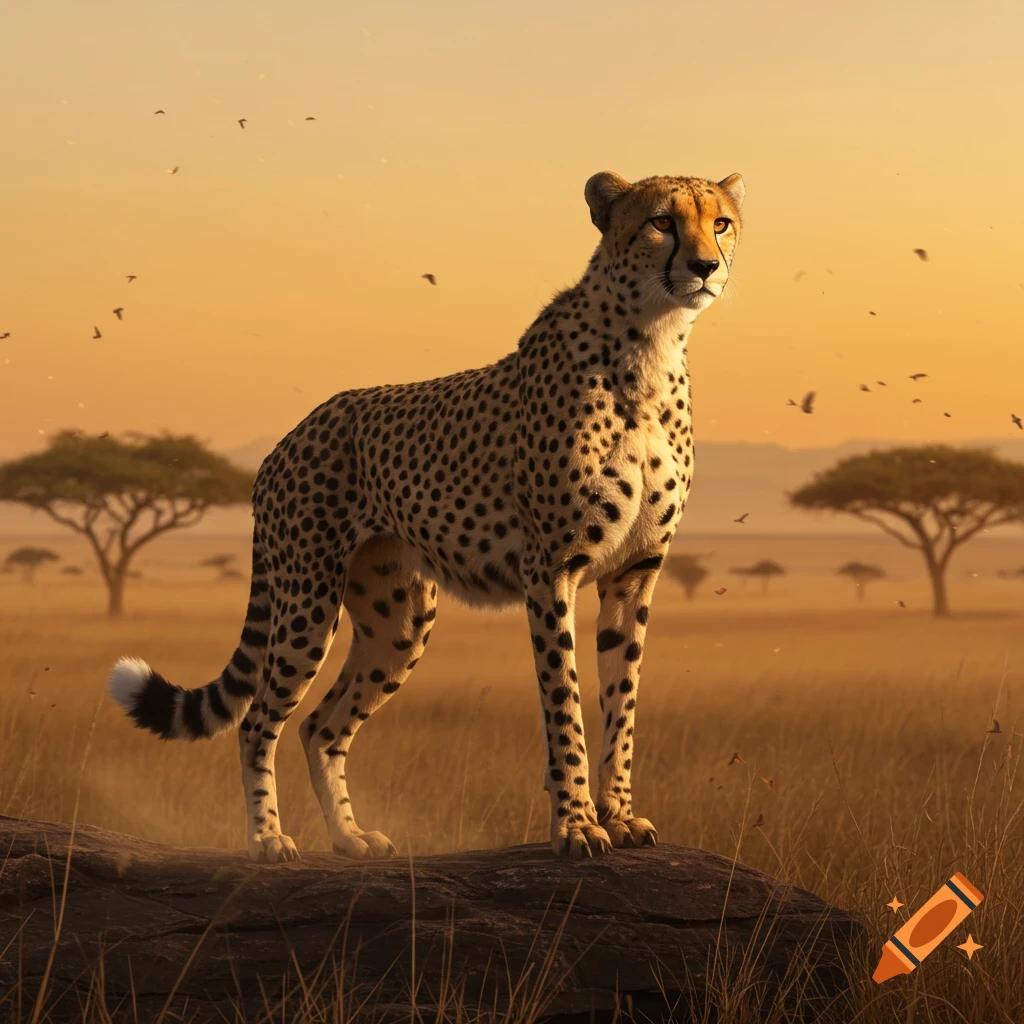 A cheetah stands on a rock in a golden savanna at sunset with distant trees and birds.