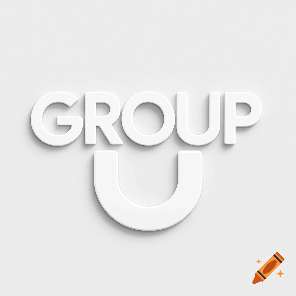 A modern, minimalist white 3D logo for "GROUP U" with rounded letters, on a soft white background, in a style resembling Google's 2015 logo.
