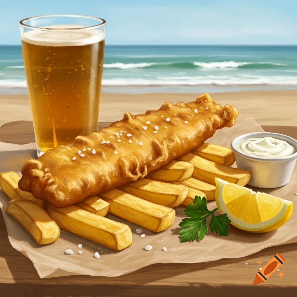 A plate of golden-fried fish and chips with a beer, tartar sauce, lemon, and parsley on a wooden table at a beach.