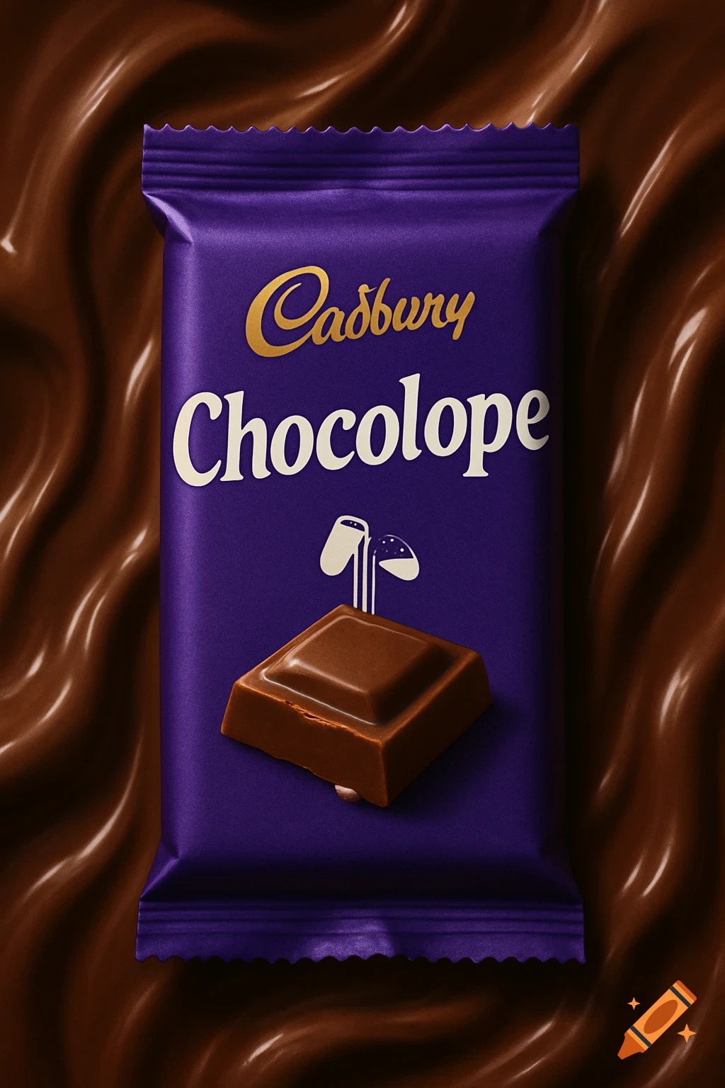 A photorealistic image of a purple Cadbury Chocolope chocolate bar wrapper on a background of swirling melted chocolate.