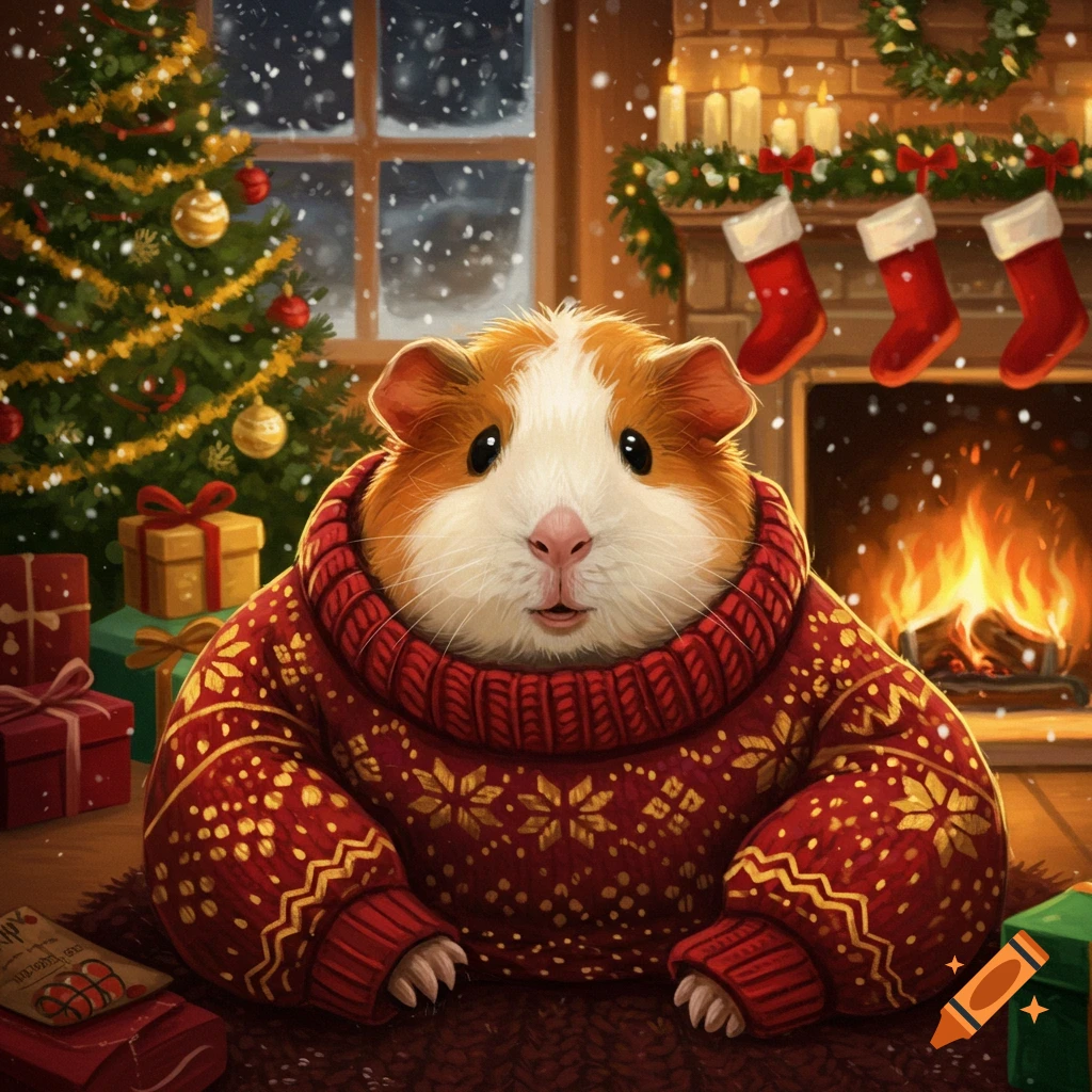A guinea pig in a red Christmas sweater sits by a fireplace and Christmas tree in a cozy room with snow falling outside.