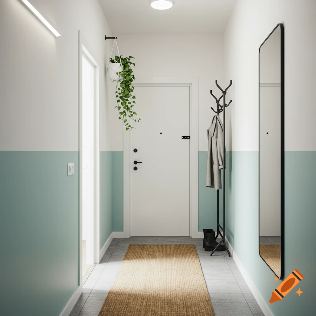 A narrow, modern Scandinavian-style hallway with white and mint green walls, a jute rug, a black coat rack, a large mirror, and a hanging plant.