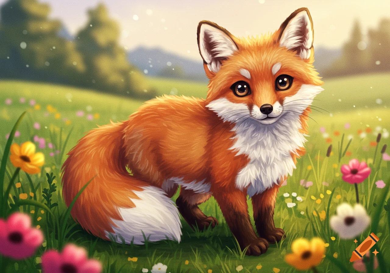 A cute, cartoon-style fox with orange and white fur sits in a sunny field of colorful wildflowers.