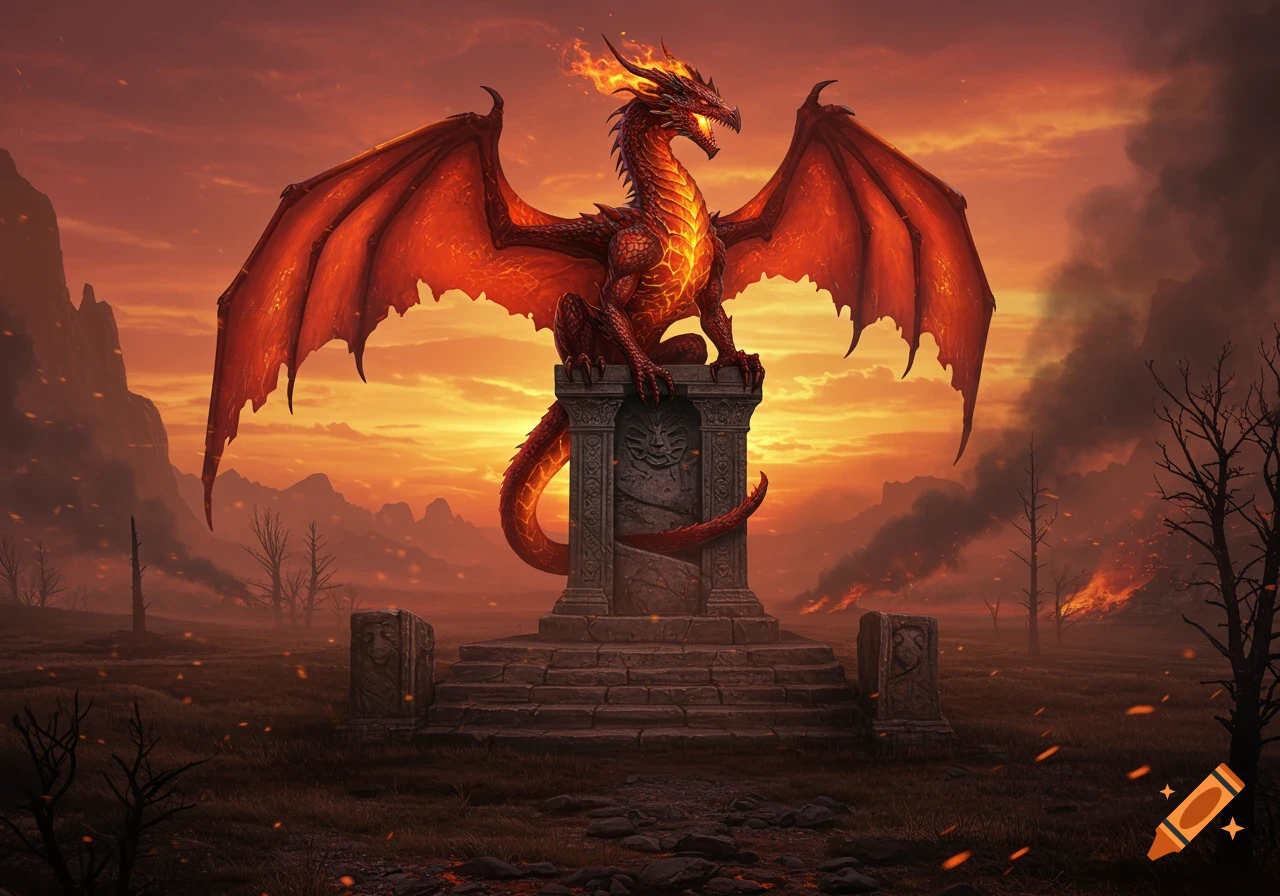 A majestic fiery red dragon with outstretched wings sits atop a stone pedestal against a vibrant orange sunset and burning landscape.