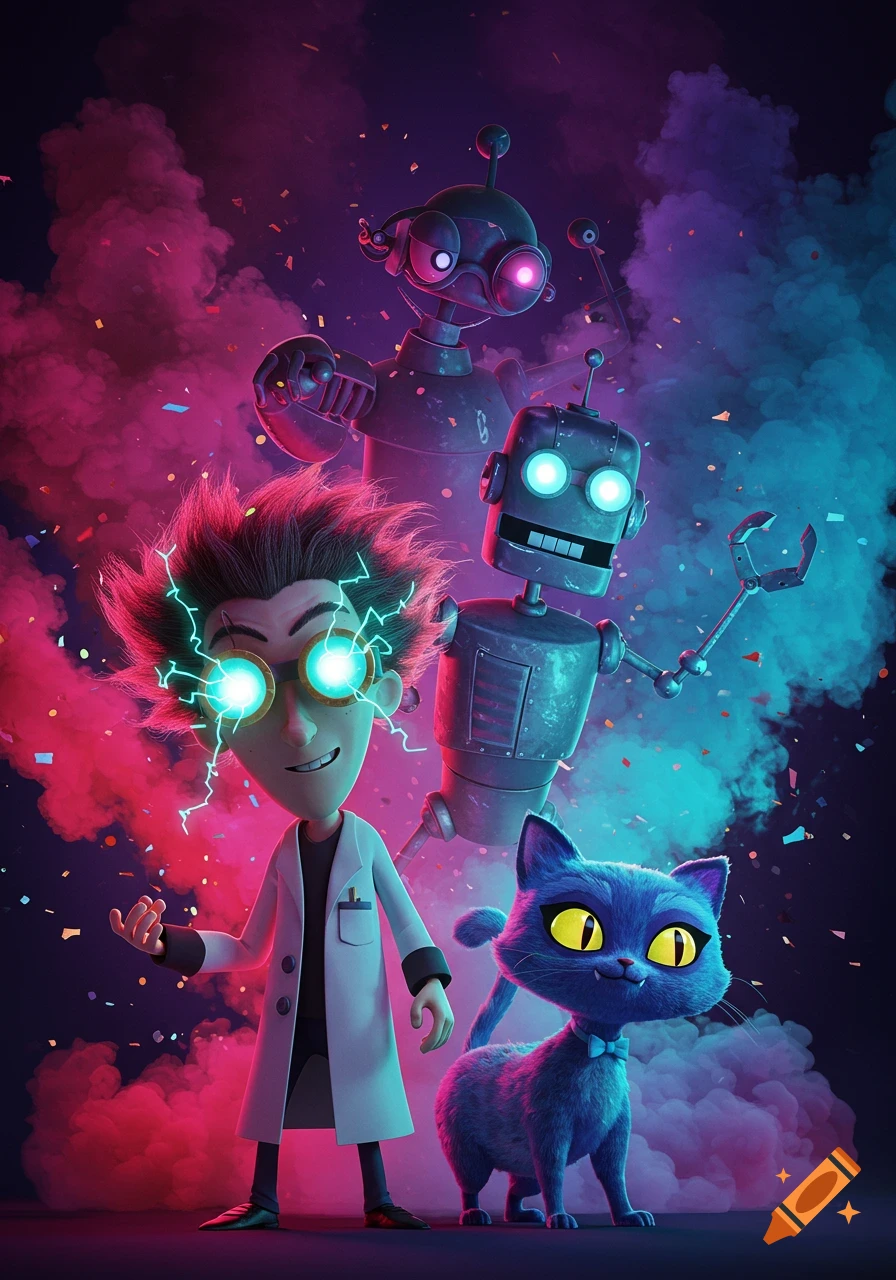 A cartoon boy with glowing eyes and spiky hair in a lab coat stands with two robots and a blue cat amidst colorful smoke and confetti.