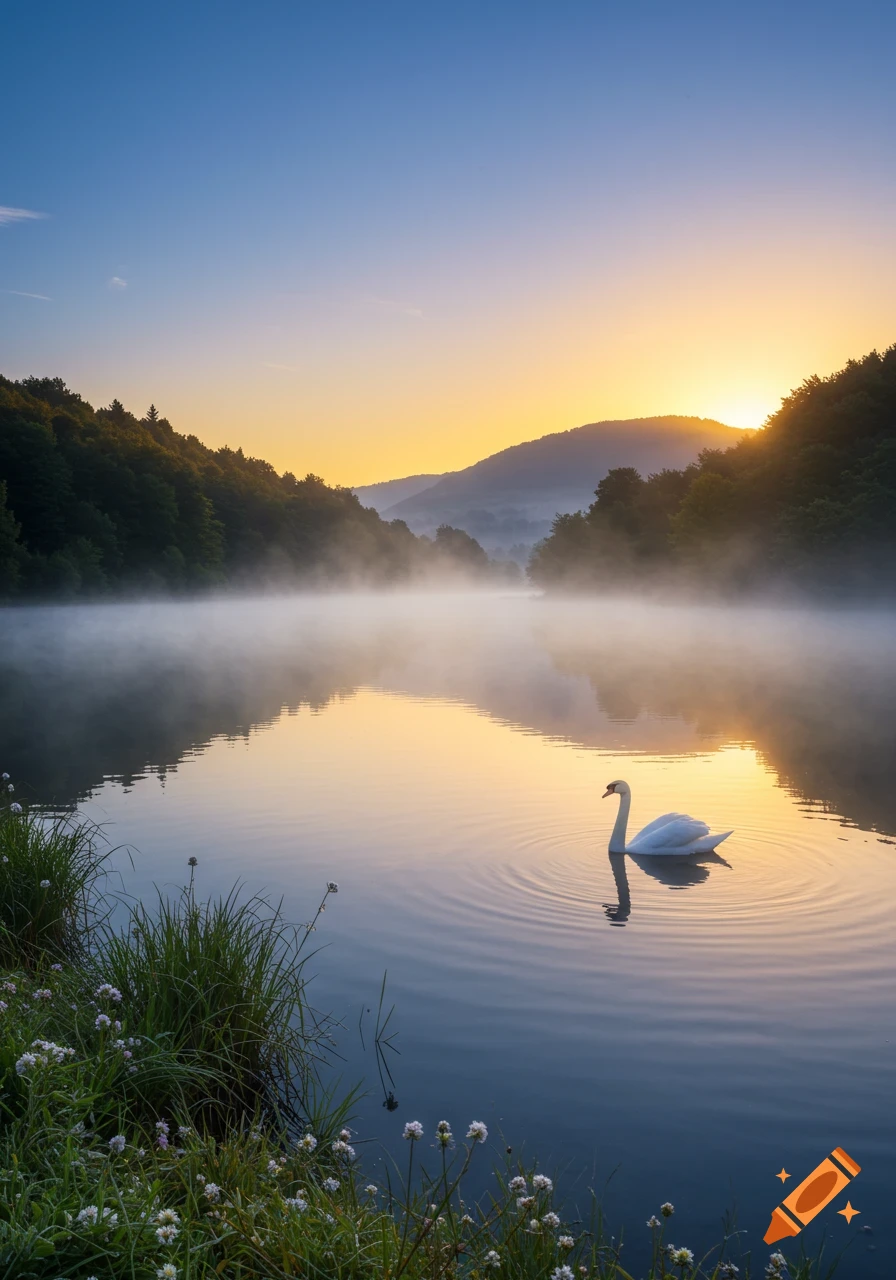 A photorealistic image of a white swan gracefully floating on a misty lake at sunrise, surrounded by forested mountains.