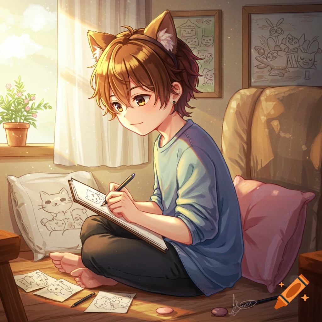 A cute anime boy with cat ears sits on a wooden floor, drawing a cat in a sketchbook by a sunny window.