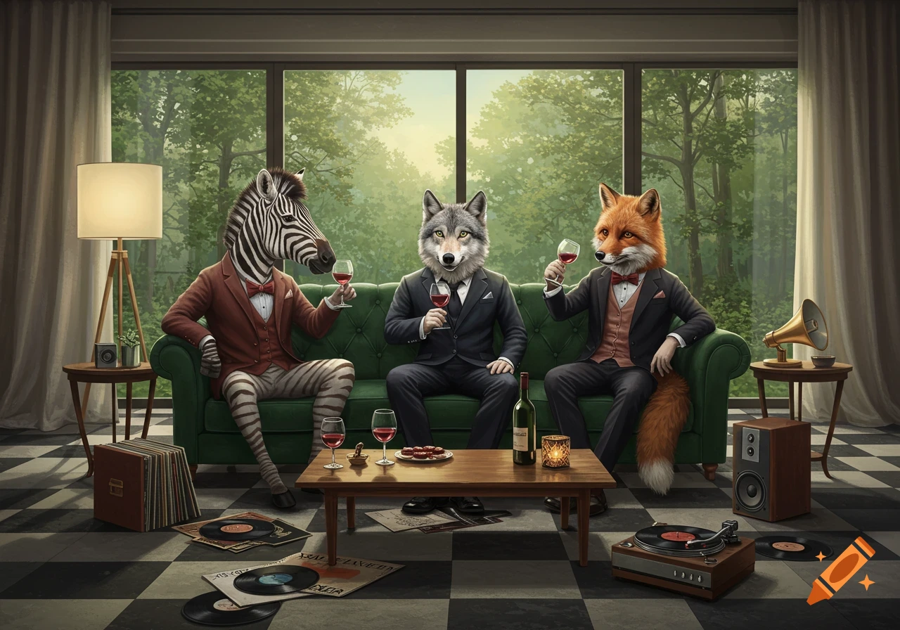 A zebra, wolf, and fox in suits drink wine on a green couch in a luxurious living room with a forest view.