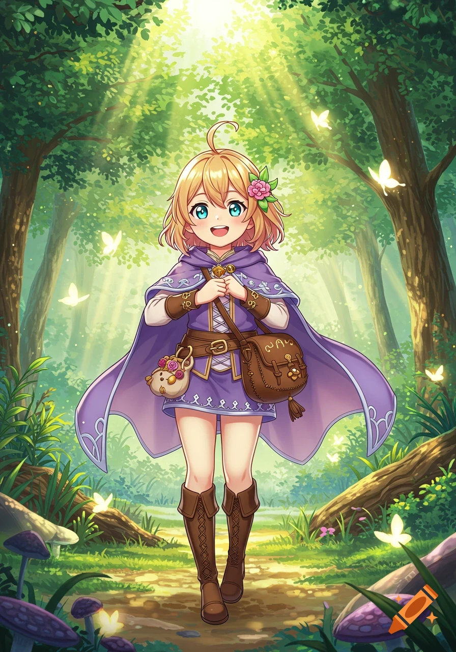 An anime girl with blonde hair and blue eyes, wearing a purple cape and boots, smiles in a sunny magical forest with glowing butterflies and mushrooms.