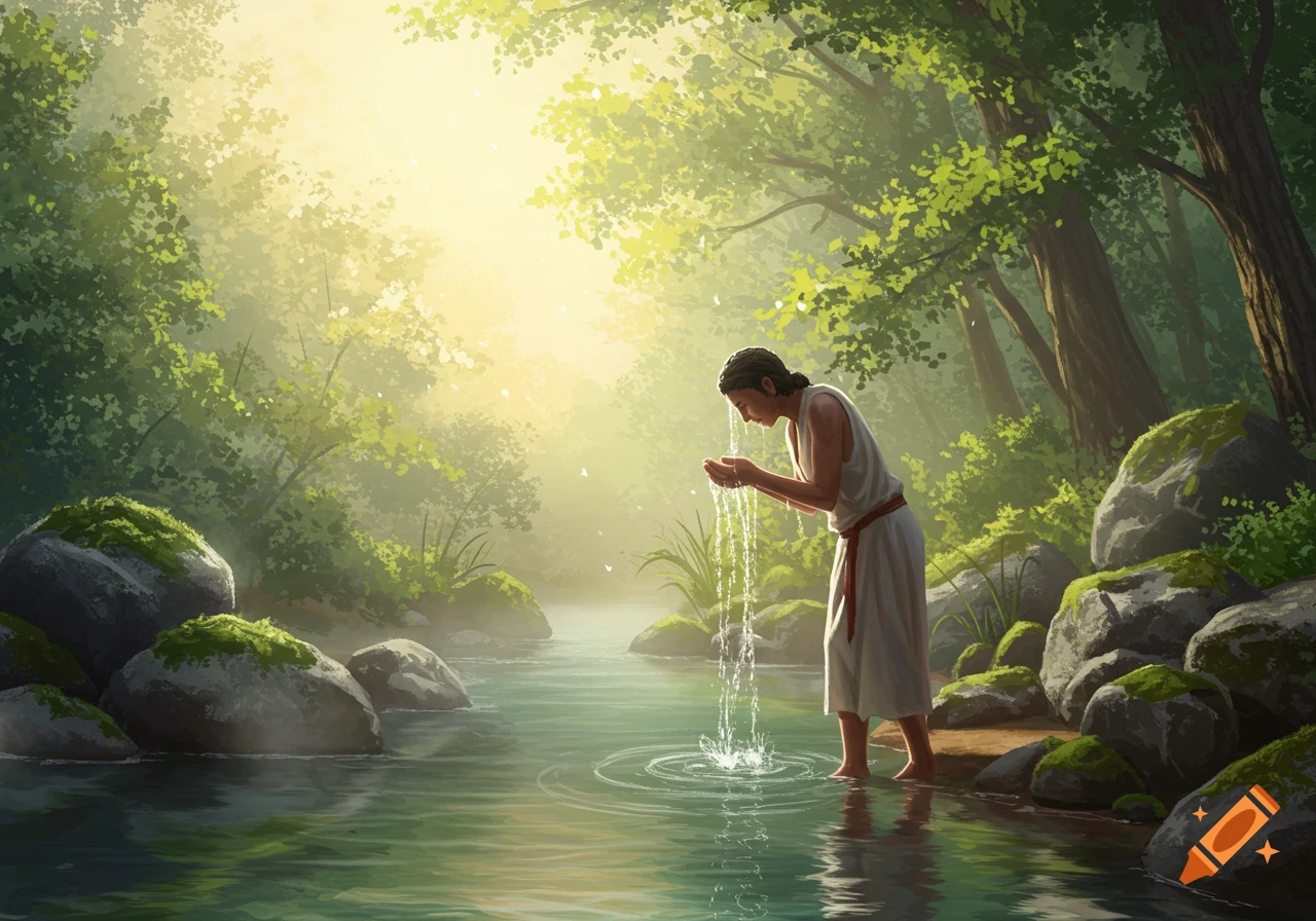 Illustrated person in white washing hands in a sun-dappled forest river with mossy rocks and trees.