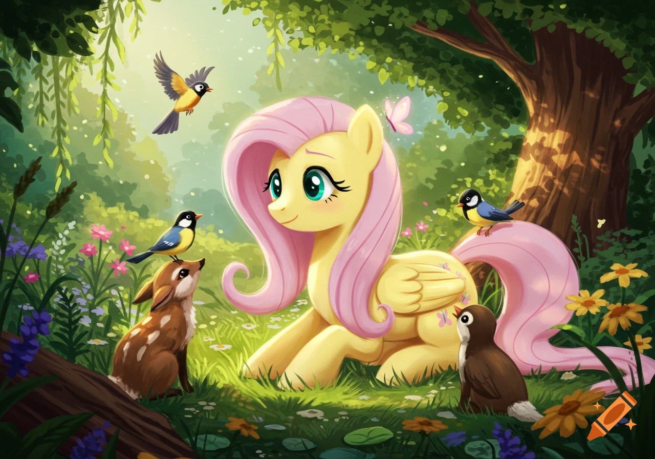 Yellow pony Fluttershy with pink hair lies in a lush green forest with birds, a deer, and a butterfly in a cartoon style.