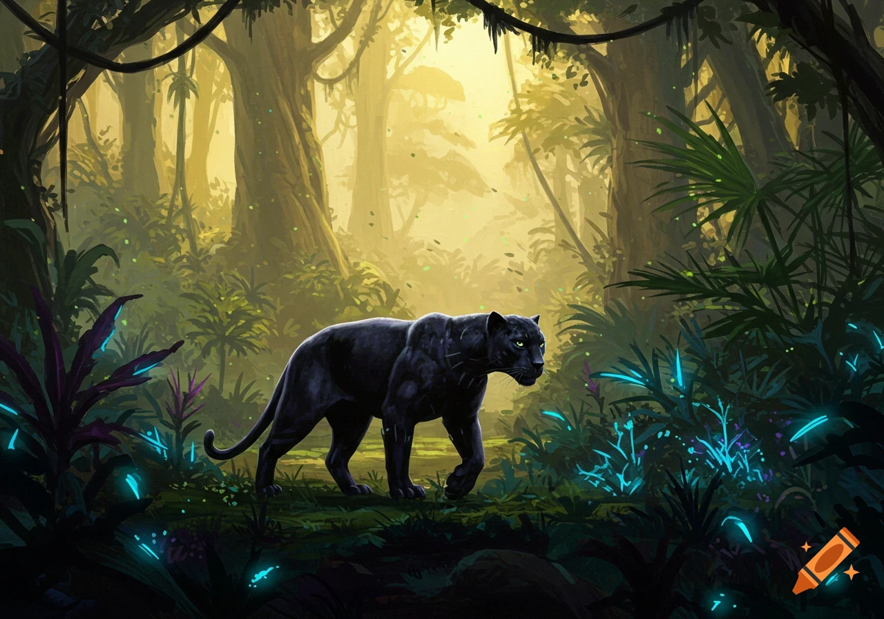 A black panther with glowing green eyes walks through a vibrant, misty jungle with glowing blue and purple plants.